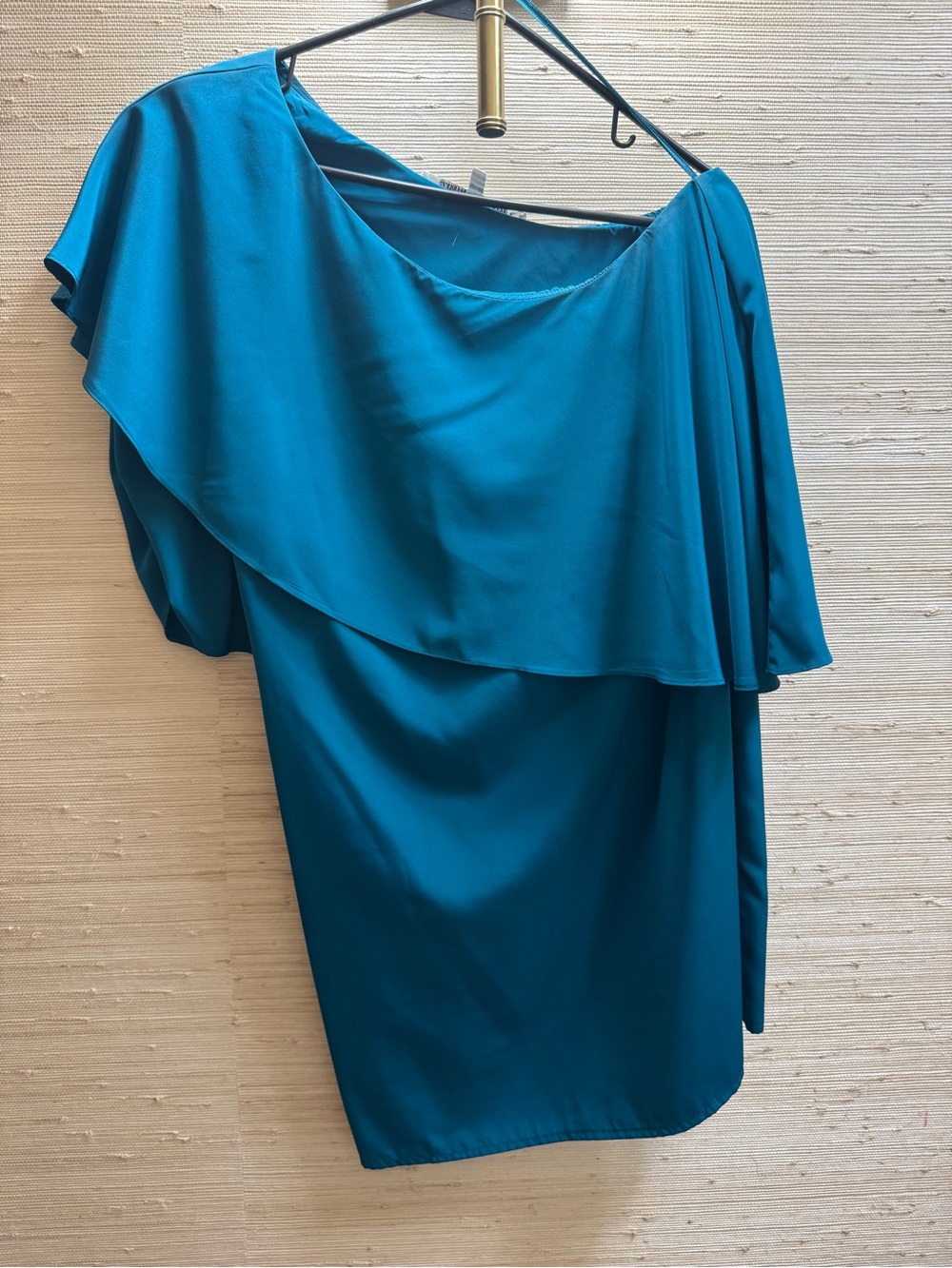 Collective Concepts: One-Shoulder Teal Women’s Dress - Elegant Ruffle Overlay